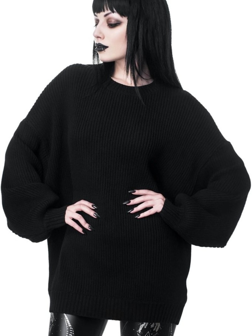 Killstar Belinda Knit Oversized Black Ribbed Crew Sweater with Balloon Sleeves